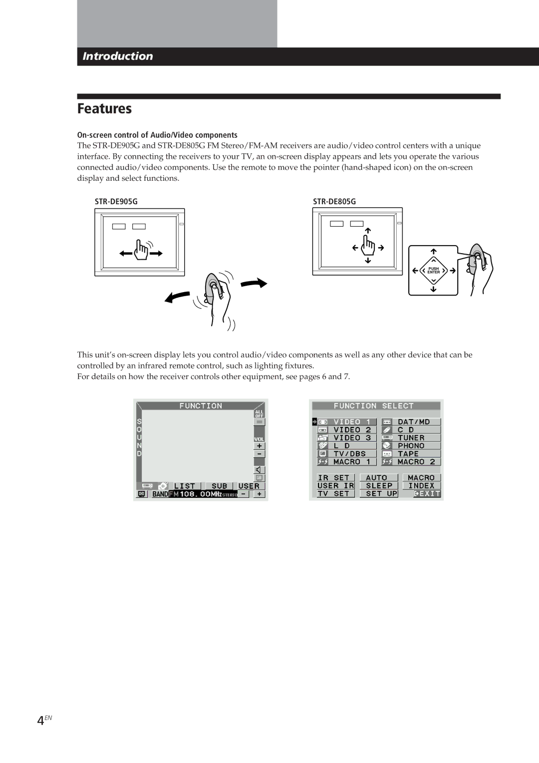 Sony STR-DE905G manual Features, On-screen control of Audio/Video components 