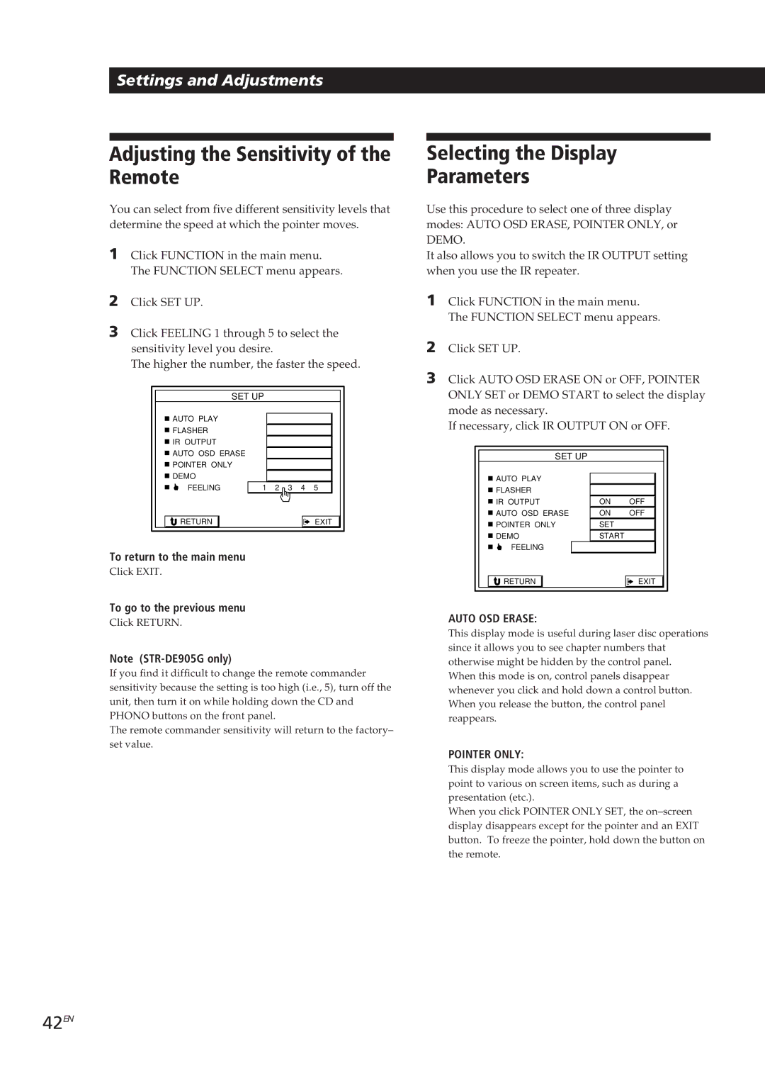 Sony STR-DE905G manual Adjusting the Sensitivity of the Remote, Selecting the Display Parameters, 42EN 