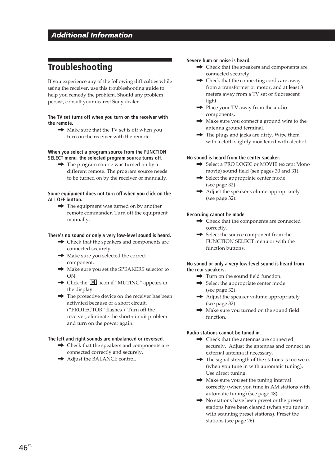 Sony STR-DE905G manual Troubleshooting, 46EN 