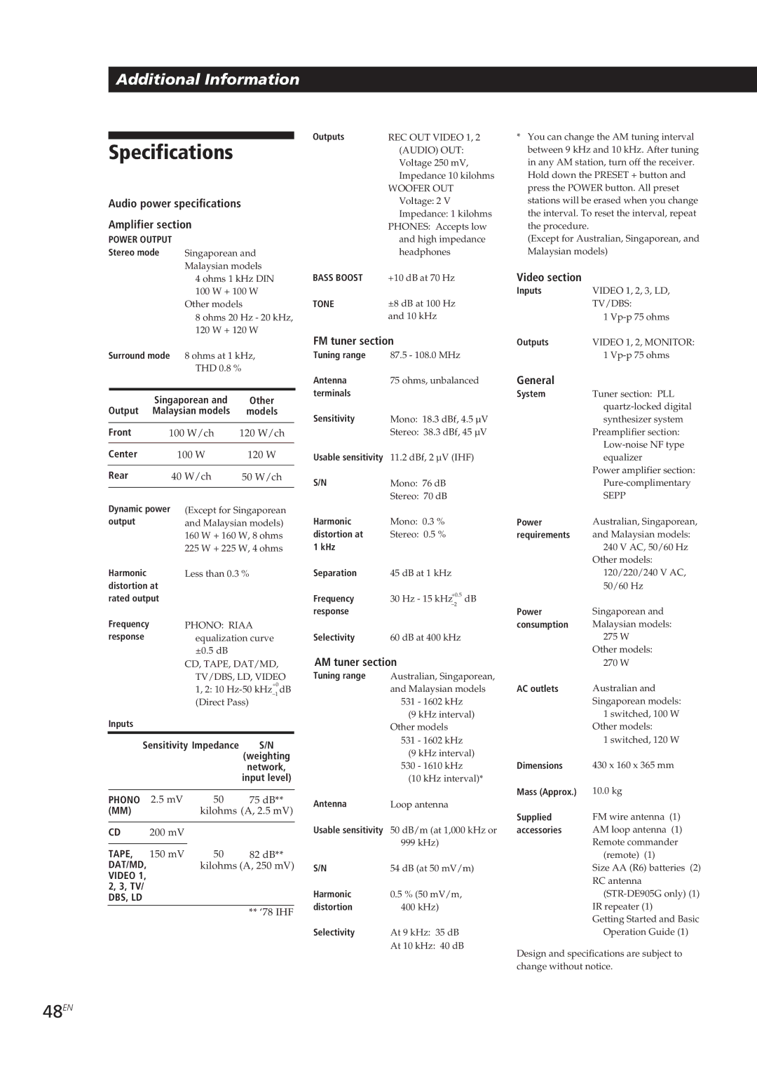 Sony STR-DE905G manual Specifications, 48EN 