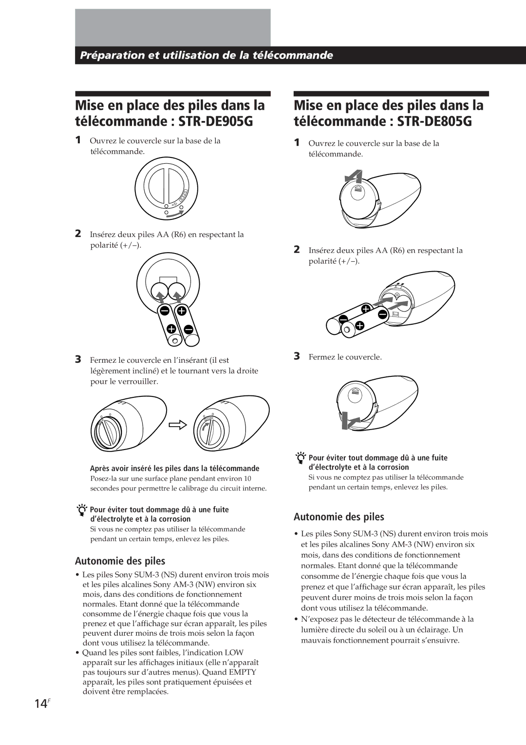 Sony STR-DE905G manual 14F, Autonomie des piles, Après avoir inséré les piles dans la télécommande 