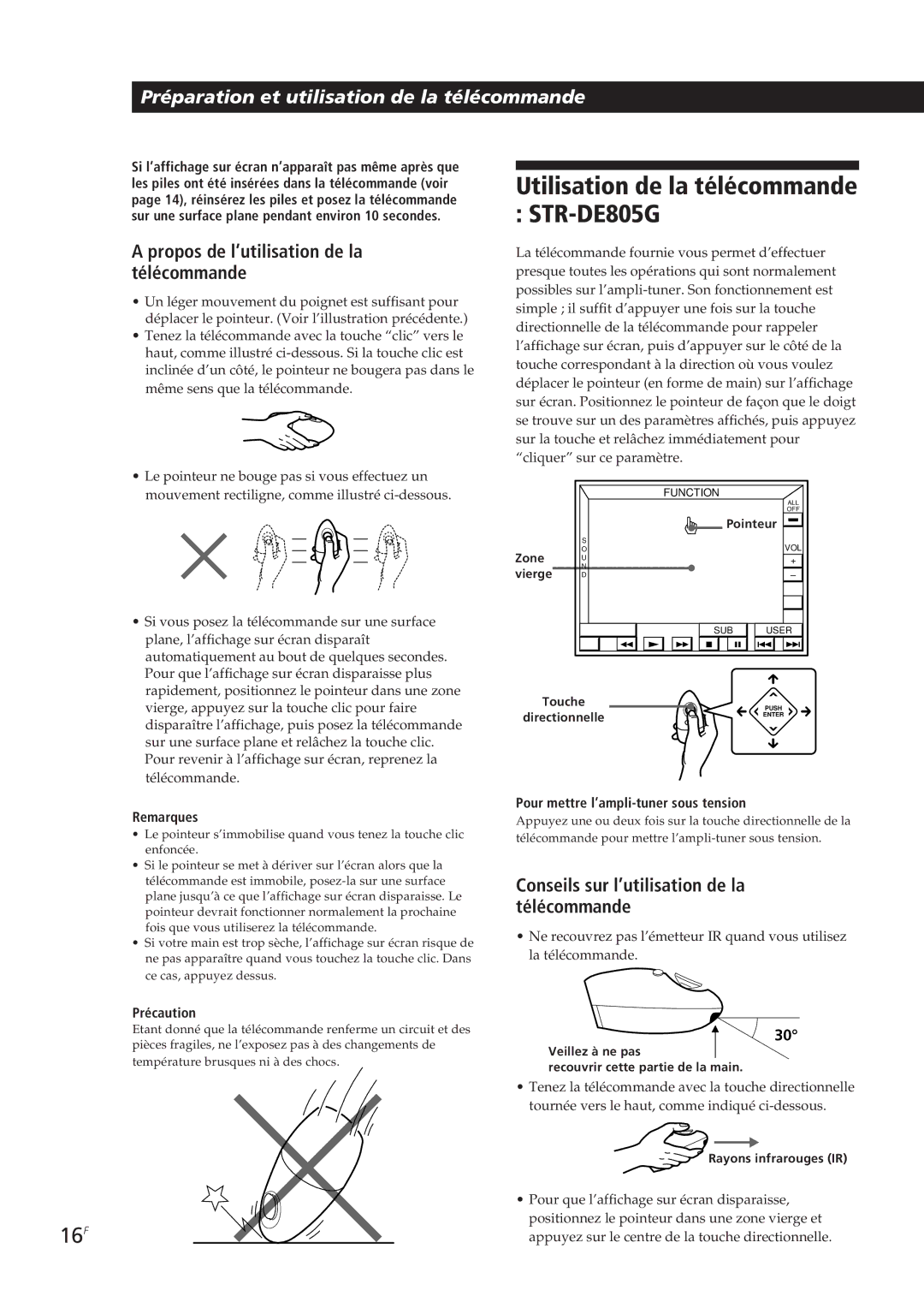 Sony STR-DE905G manual Utilisation de la télécommande STR-DE805G, 16F, Propos de l’utilisation de la télécommande 