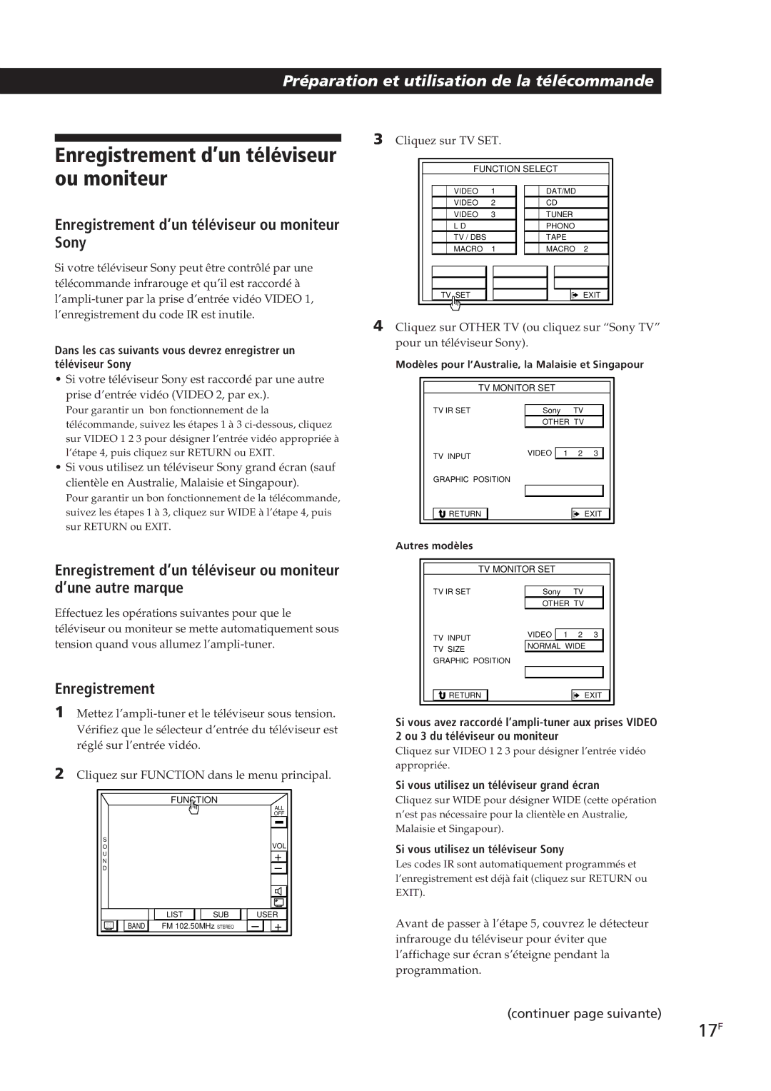 Sony STR-DE905G manual 17F, Enregistrement d’un téléviseur ou moniteur Sony 