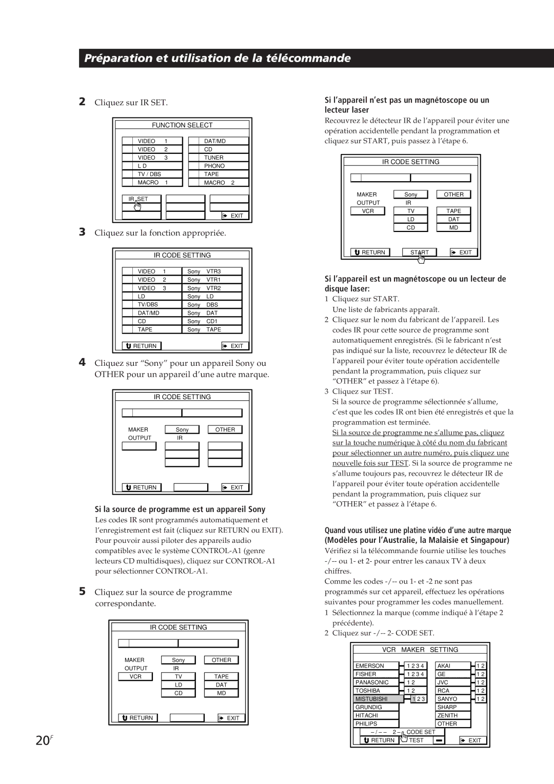 Sony STR-DE905G manual 20F, Si la source de programme est un appareil Sony 