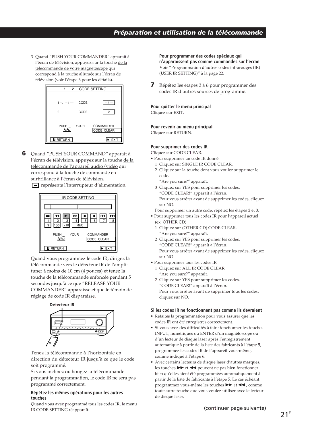 Sony STR-DE905G manual 21F, Pour supprimer des codes IR, Répétez les mêmes opérations pour les autres touches 