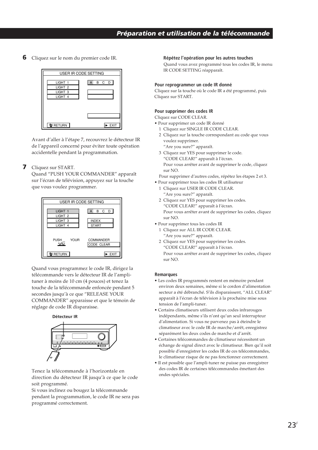 Sony STR-DE905G manual 23F, Répétez l’opération pour les autres touches, Pour reprogrammer un code IR donné 