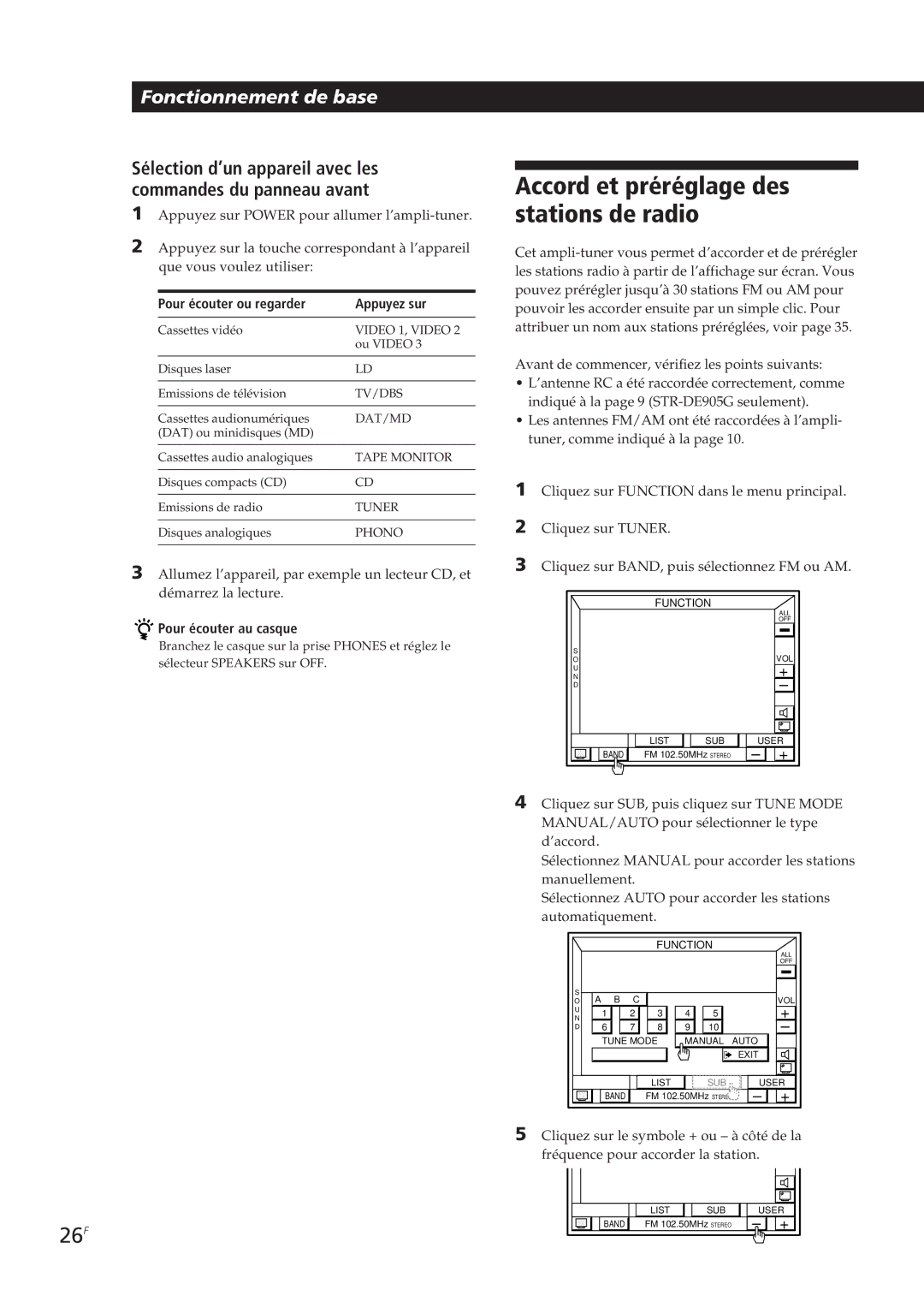 Sony STR-DE905G manual Accord et préréglage des stations de radio, 26F, Pour écouter ou regarder Appuyez sur 