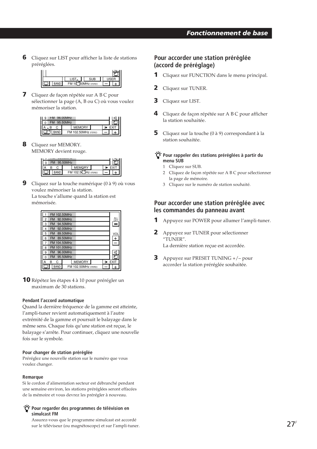 Sony STR-DE905G manual Pendant l’accord automatique, Pour changer de station préréglée 