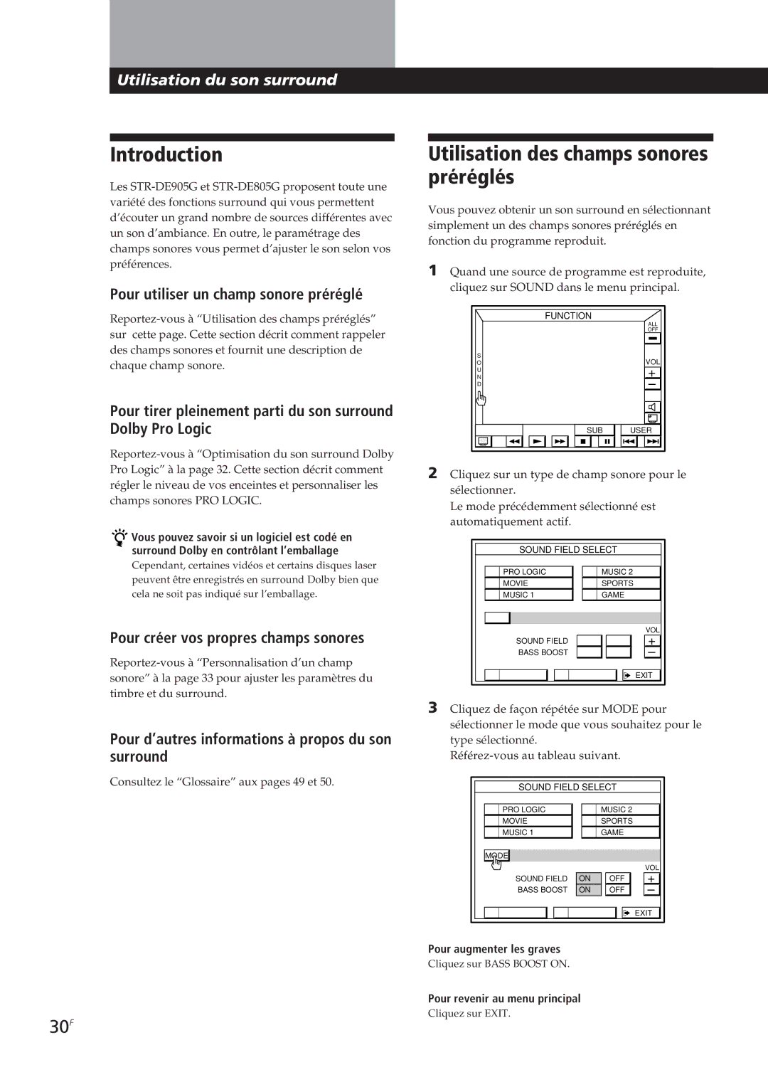 Sony STR-DE905G manual Utilisation des champs sonores préréglés, 30F 