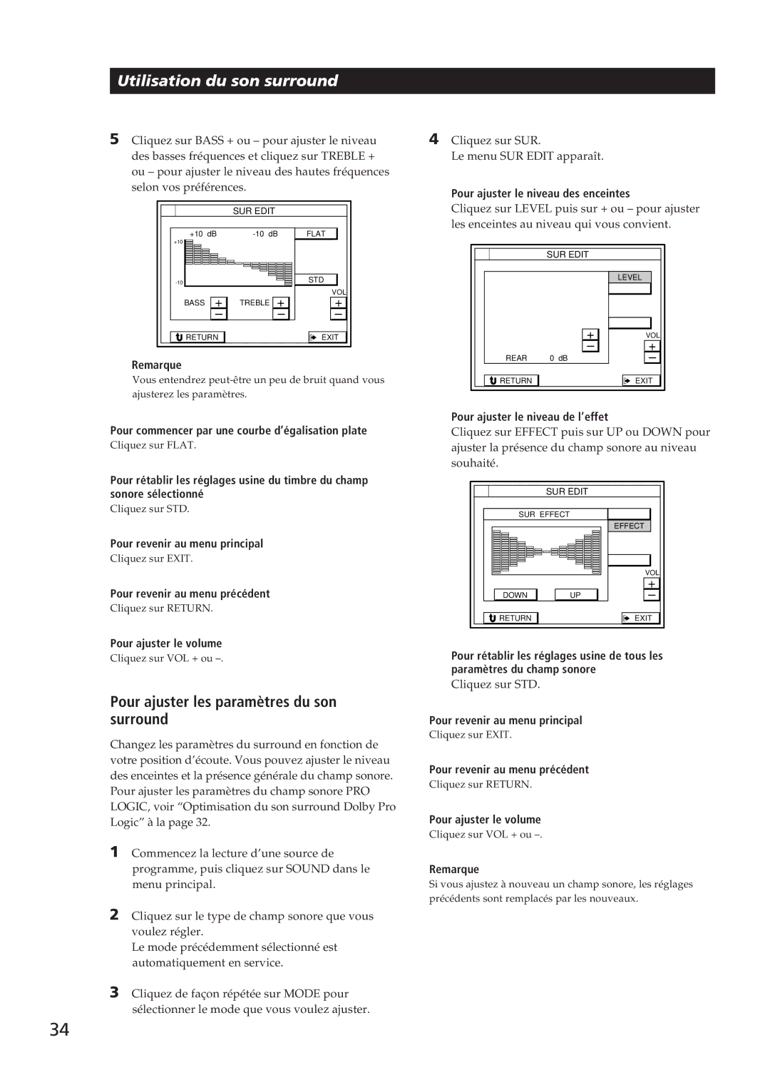 Sony STR-DE905G manual 34F, Pour ajuster les paramètres du son surround, Pour commencer par une courbe d’égalisation plate 