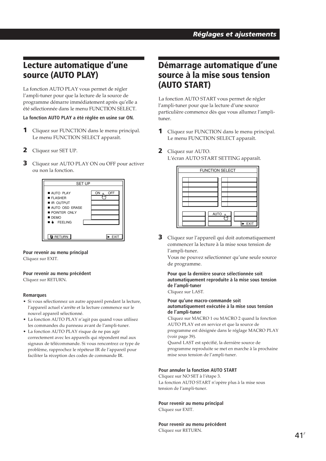 Sony STR-DE905G manual 41F, La fonction Auto Play a été réglée en usine sur on, Pour annuler la fonction Auto Start 