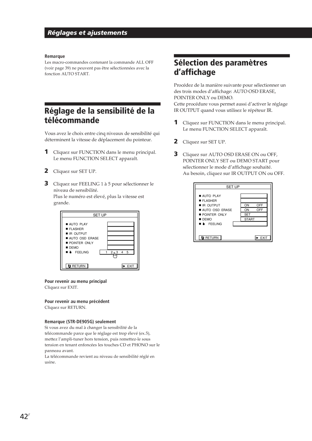 Sony STR-DE905G manual Réglage de la sensibilité de la télécommande, Sélection des paramètres d’affichage, 42F 