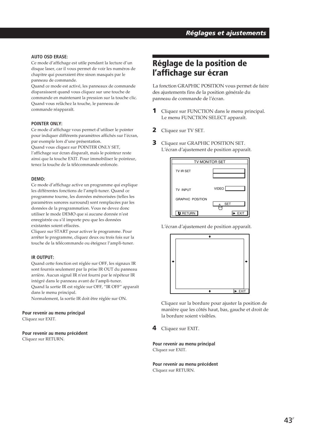 Sony STR-DE905G manual Réglage de la position de l’affichage sur écran, 43F 