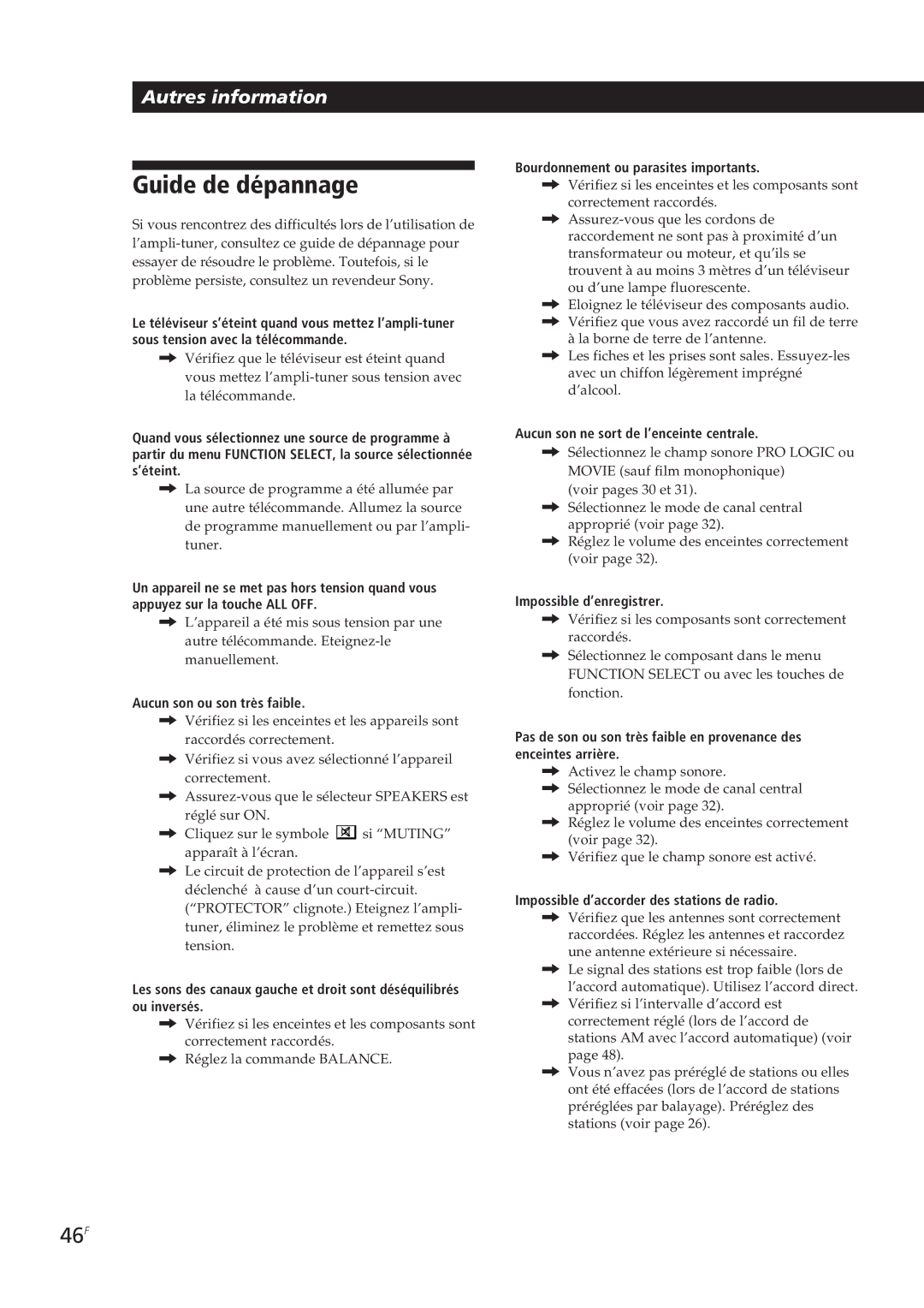 Sony STR-DE905G manual Guide de dépannage, 46F 