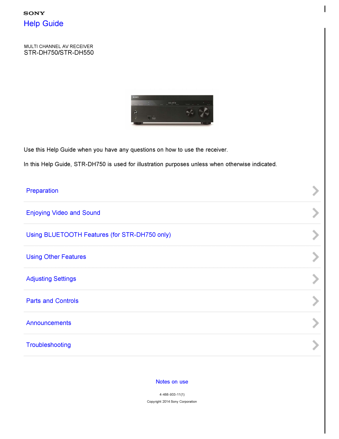 Sony STR-FH750 manual Help Guide, STR-DH750/STR-DH550, Preparation Enjoying Video and Sound 