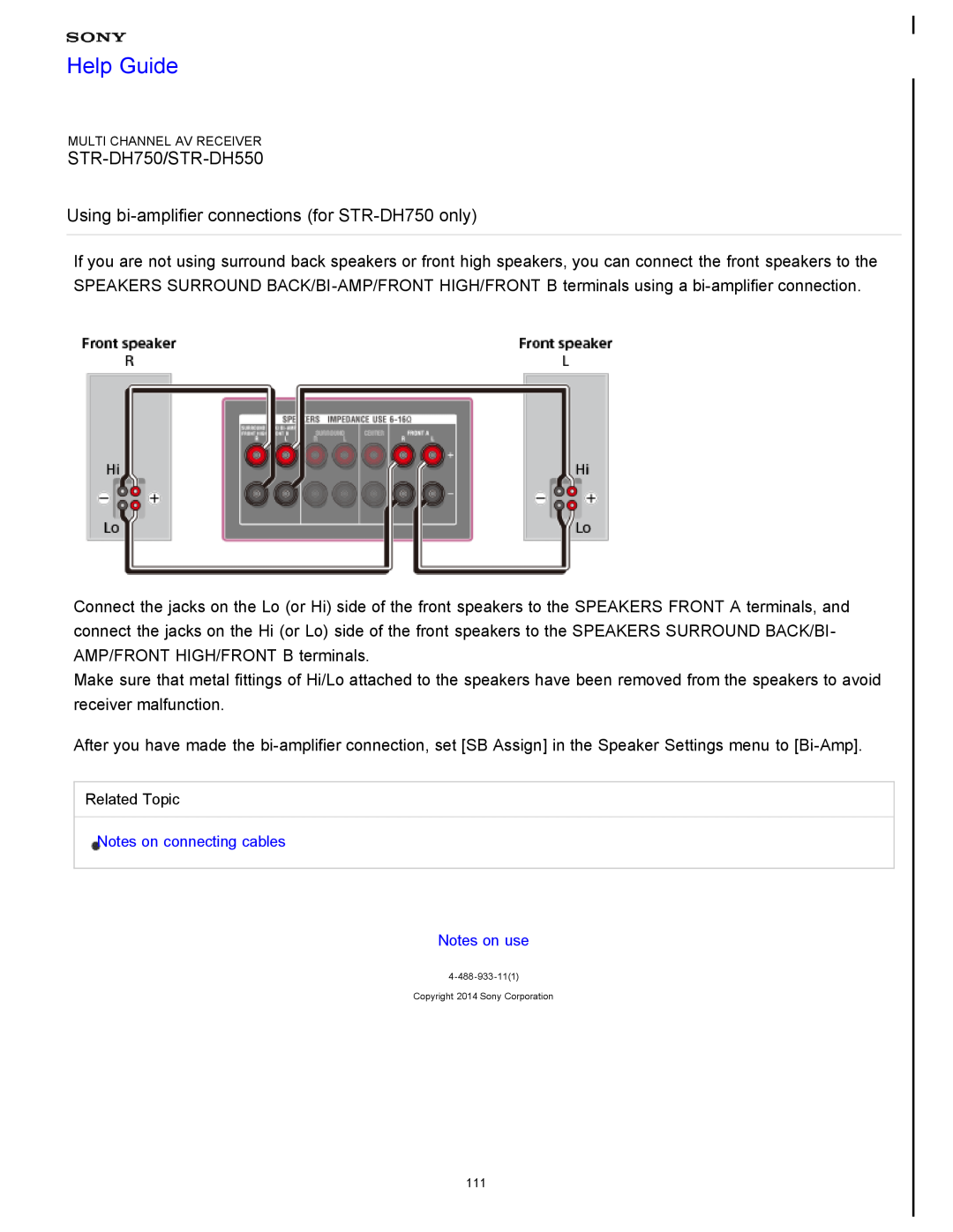 Sony manual Using bi-amplifierconnections for STR-DH750only, Help Guide, STR-DH750/STR-DH550, Multi Channel Av Receiver 