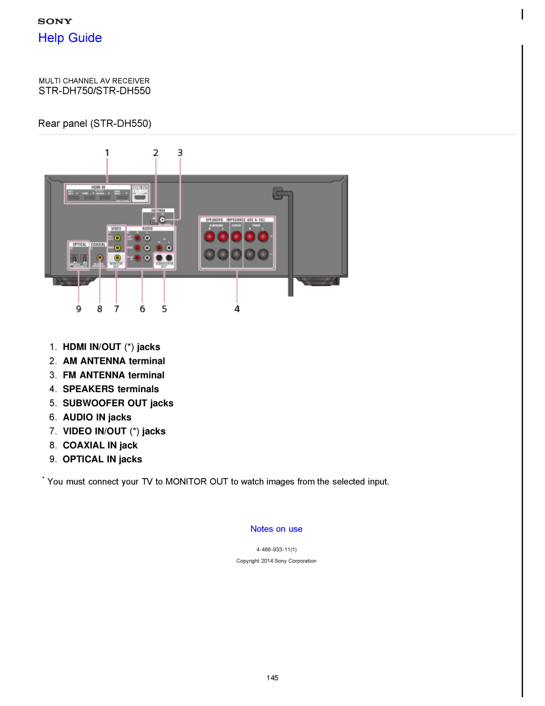 Sony STR-DH750/STR-DH550 Rear panel STR-DH550, Help Guide, HDMI IN/OUT * jacks 2.AM ANTENNA terminal, OPTICAL IN jacks 