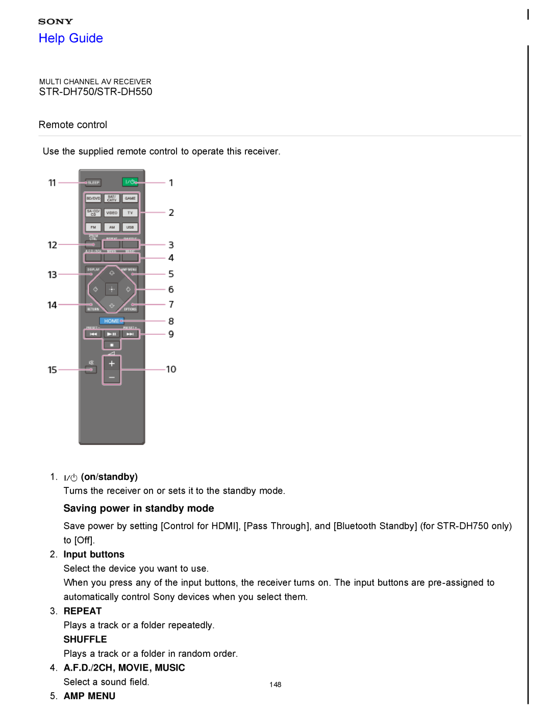 Sony STR-FH750 Saving power in standby mode, Help Guide, STR-DH750/STR-DH550 Remote control, 1.on/standby, Input buttons 