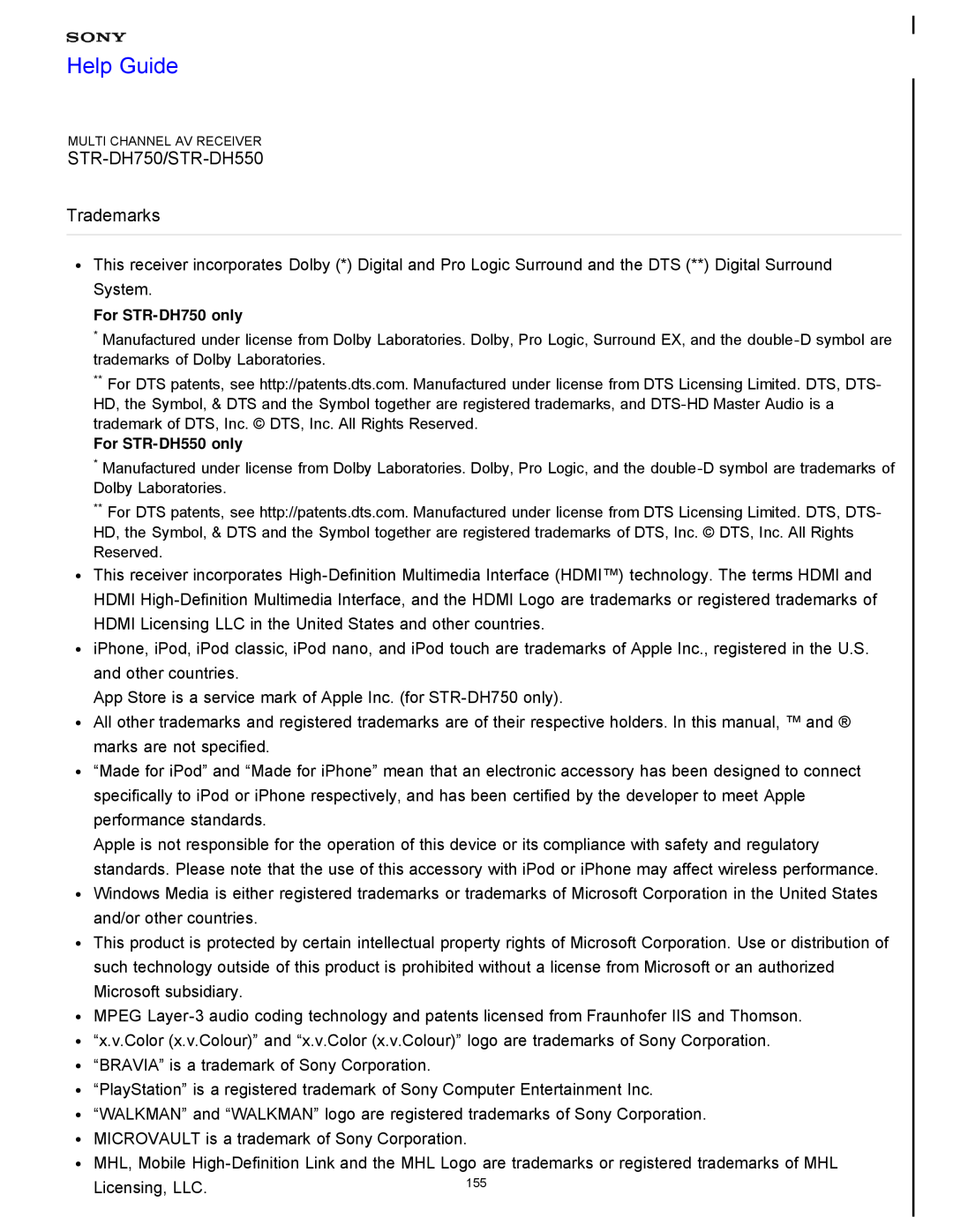 Sony STR-FH750 manual Help Guide, STR-DH750/STR-DH550 Trademarks, Licensing, LLC 