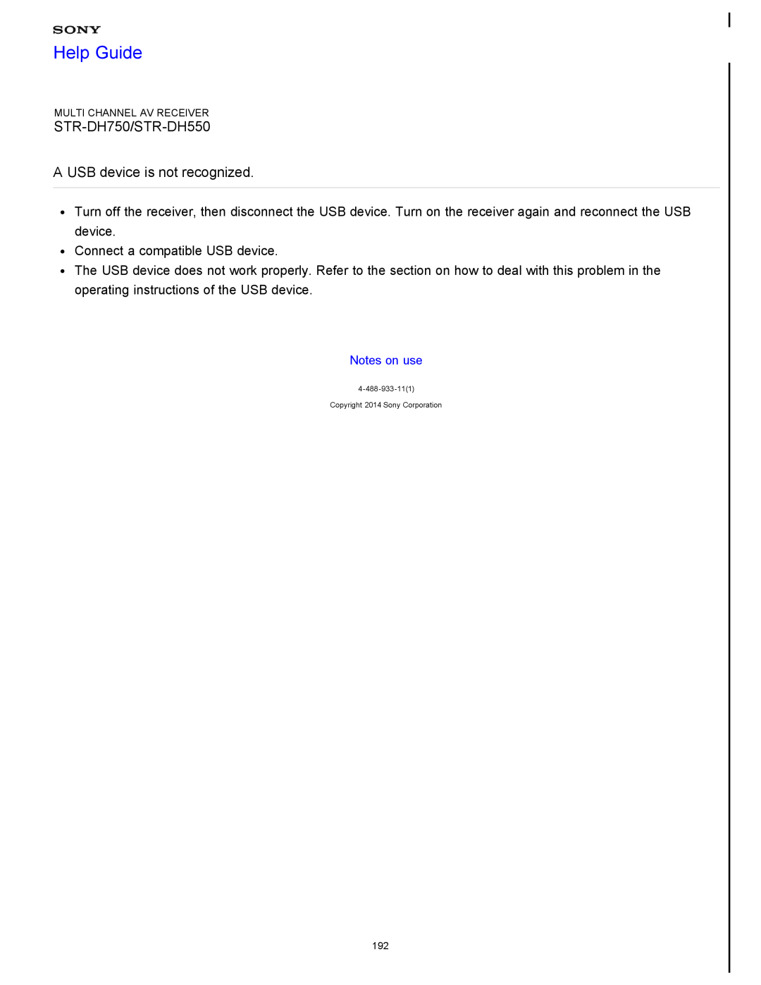 Sony STR-FH750 manual A USB device is not recognized, Help Guide, STR-DH750/STR-DH550 