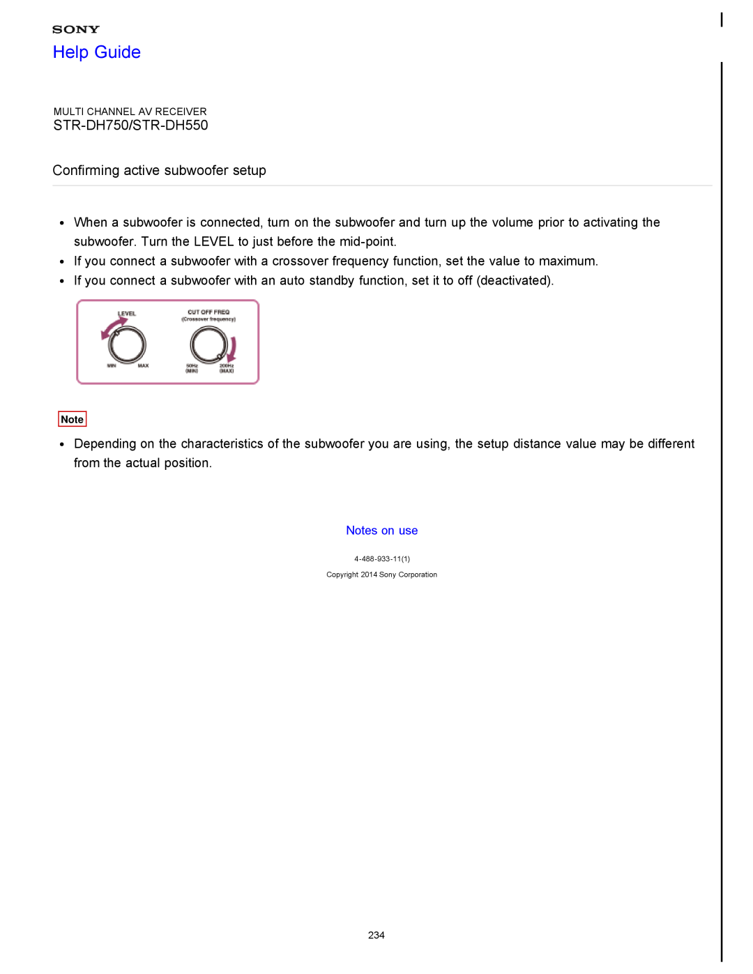 Sony STR-FH750 manual Confirming active subwoofer setup, Help Guide, STR-DH750/STR-DH550, Multi Channel Av Receiver 