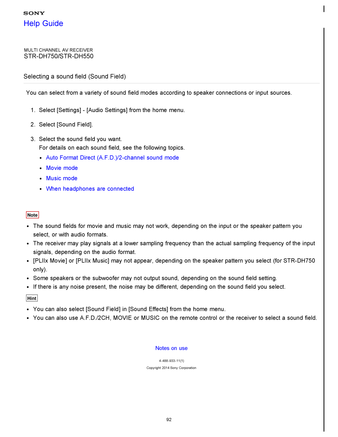 Sony STR-FH750 manual Selecting a sound field Sound Field, Help Guide, STR-DH750/STR-DH550, Movie mode Music mode 