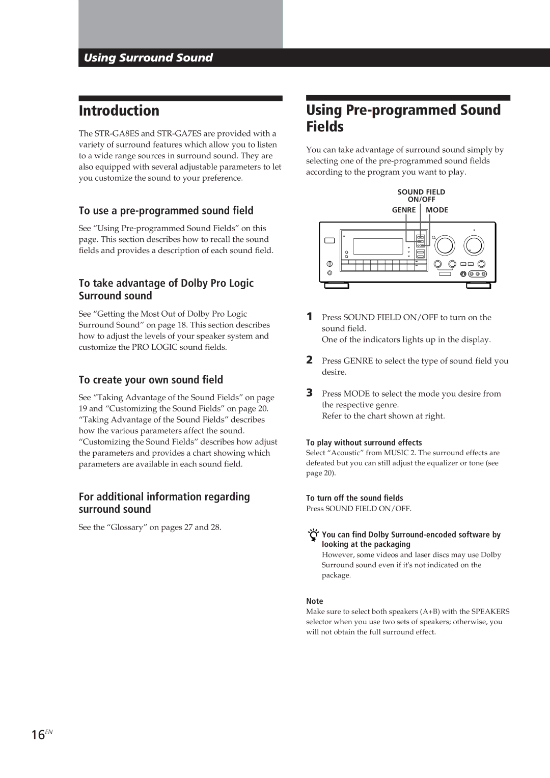 Sony STR-GA8ES, STR-GA7ES manual Introduction, Using Pre-programmed Sound Fields, 16EN 