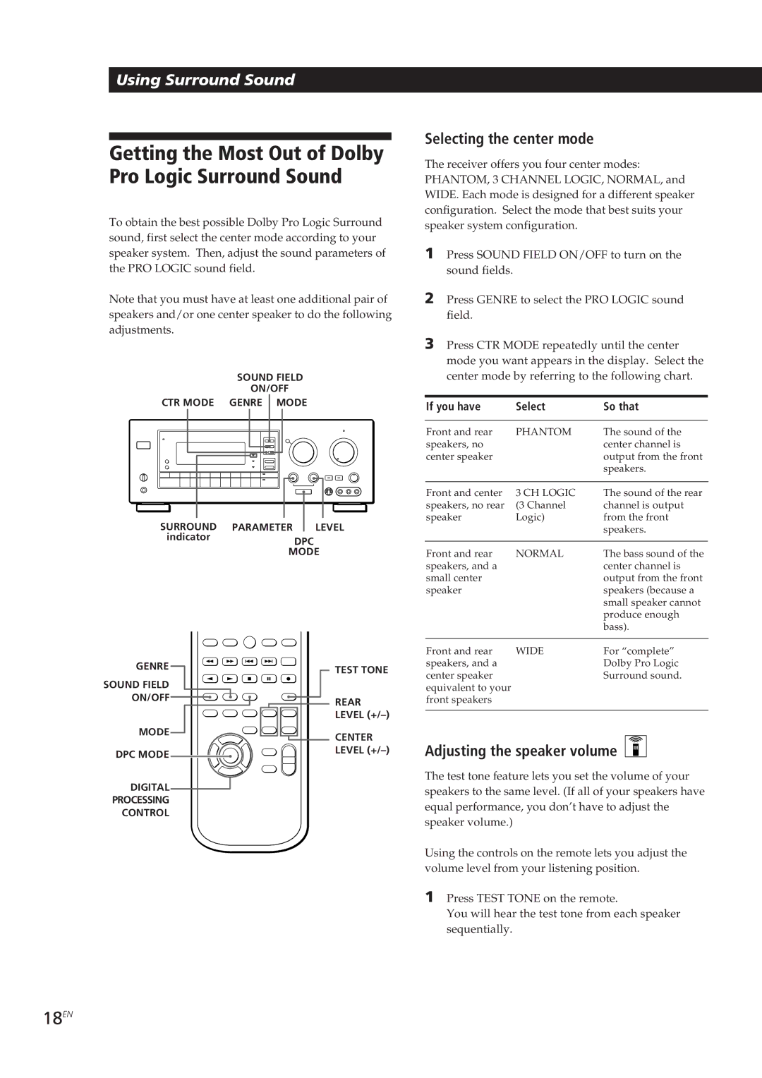 Sony STR-GA8ES manual 18EN, Selecting the center mode, Adjusting the speaker volume, If you have Select So that, Indicator 