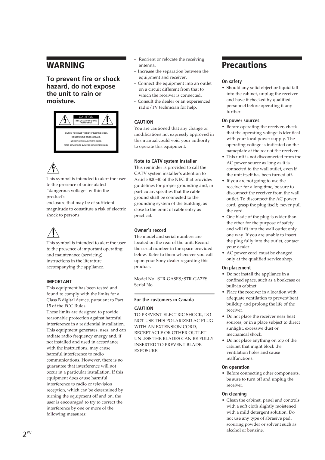 Sony STR-GA8ES, STR-GA7ES manual Precautions 