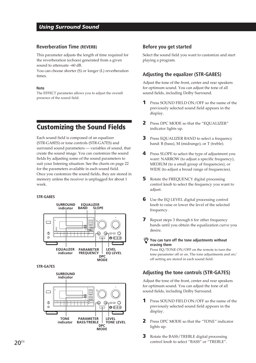 Sony STR-GA7ES manual Customizing the Sound Fields, Reverberation Time Reverb, Adjusting the equalizer STR-GA8ES 