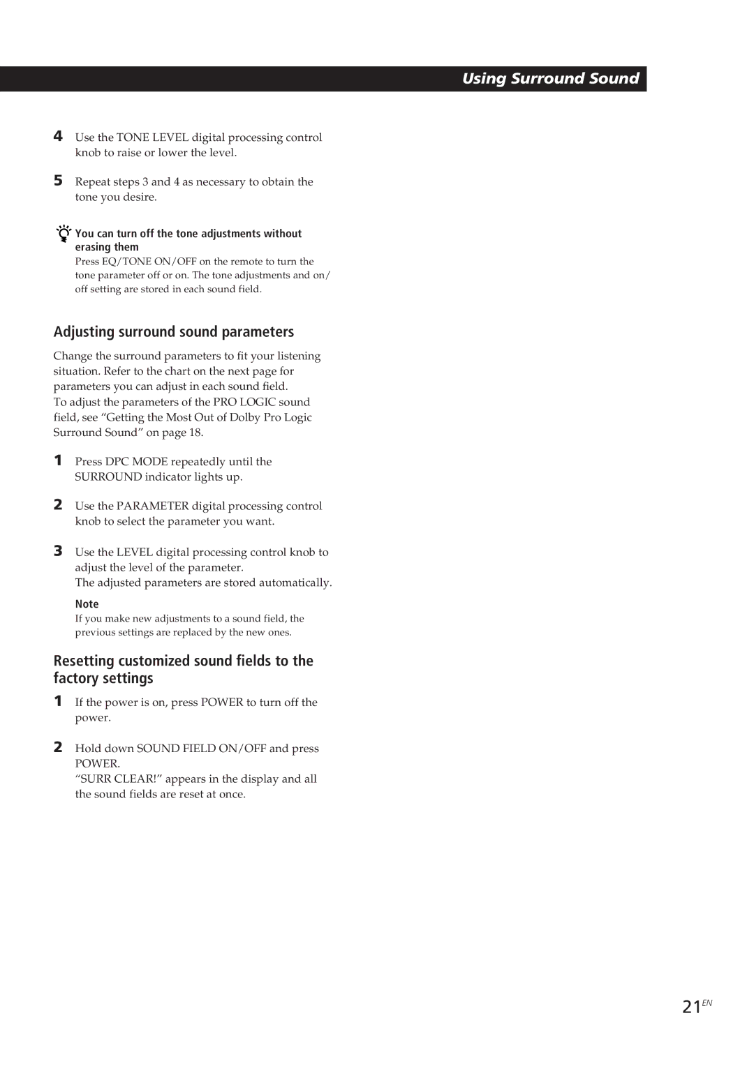 Sony STR-GA7ES manual 21EN, Adjusting surround sound parameters, Resetting customized sound fields to the factory settings 