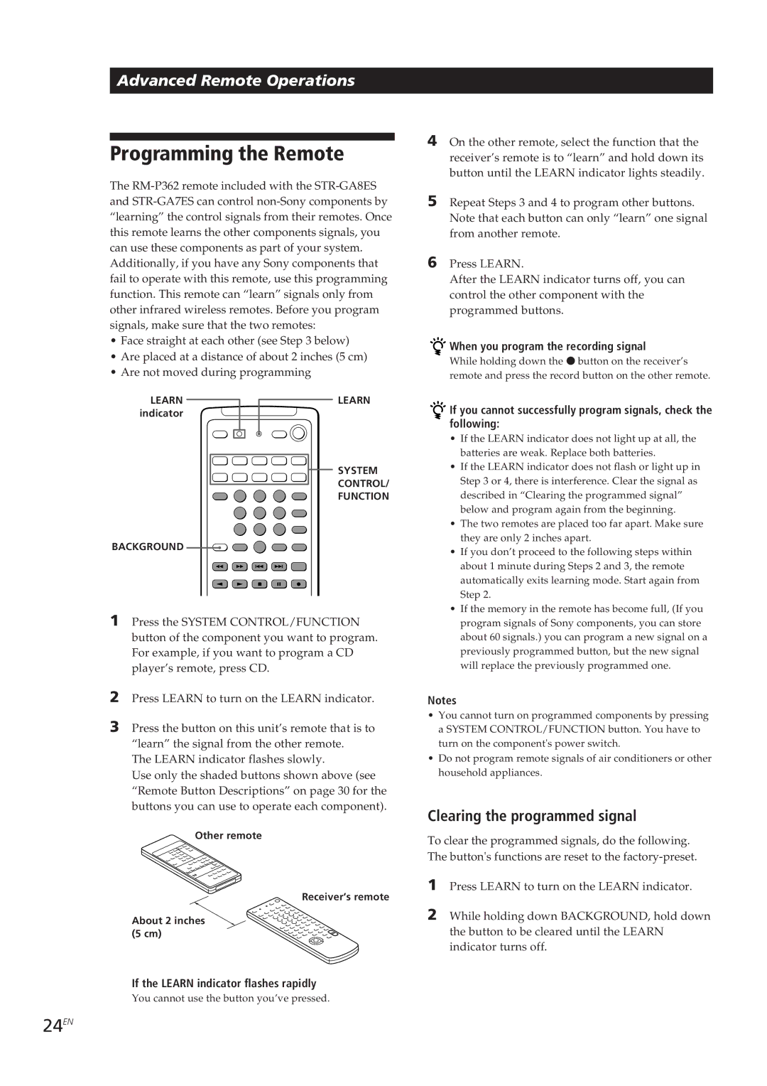 Sony STR-GA8ES manual Programming the Remote, 24EN, Clearing the programmed signal, If the Learn indicator flashes rapidly 