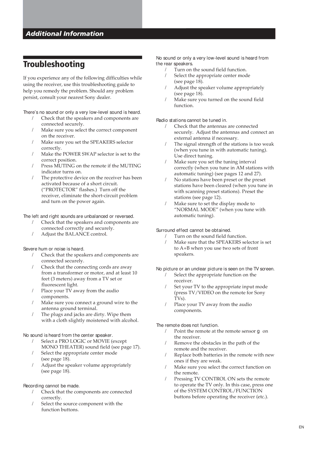 Sony STR-GA7ES, STR-GA8ES manual Troubleshooting, 25EN 