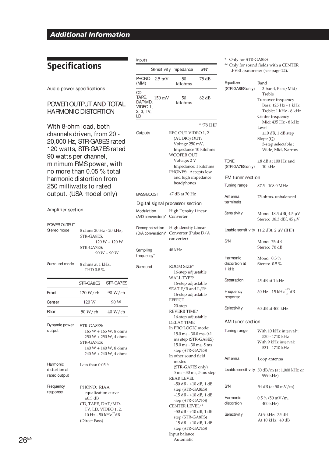 Sony STR-GA8ES, STR-GA7ES manual Specifications, 26EN 