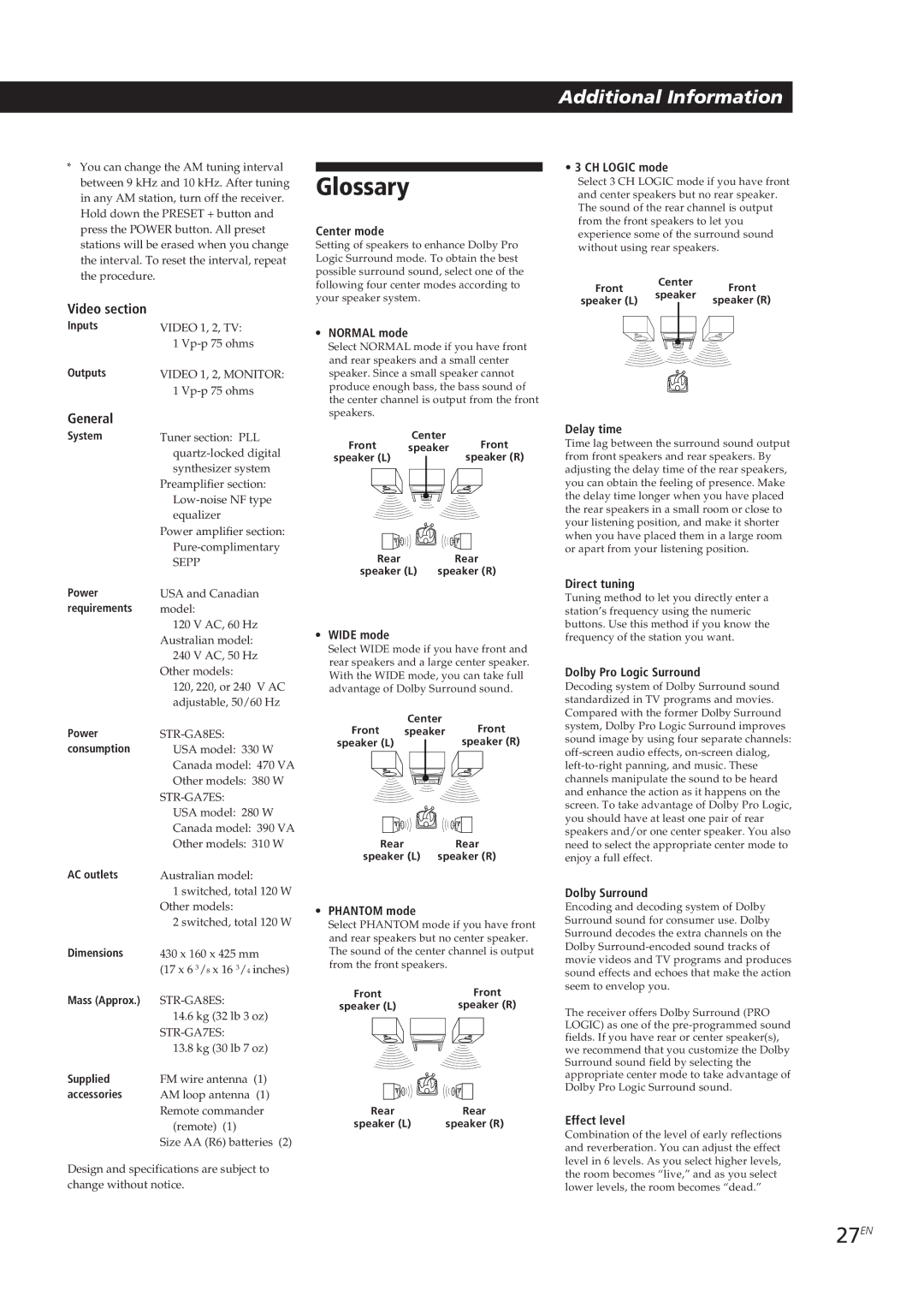 Sony STR-GA7ES, STR-GA8ES manual Glossary, 27EN, Video section, General 