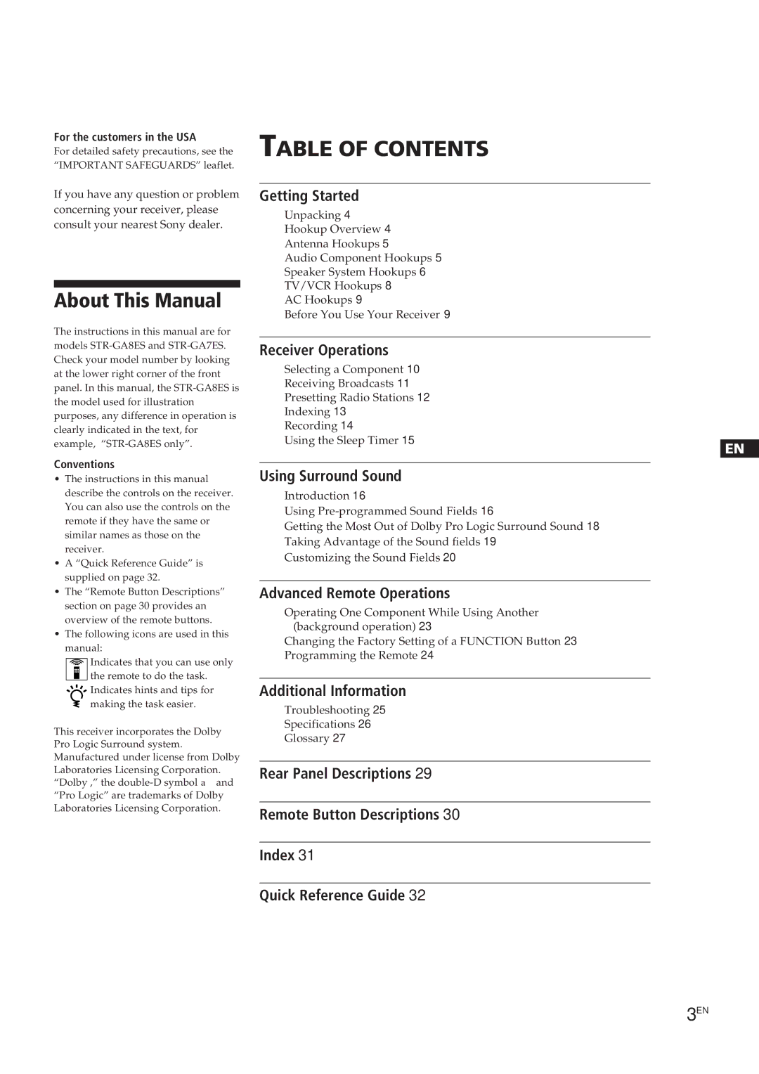 Sony STR-GA7ES, STR-GA8ES manual Table of Contents 