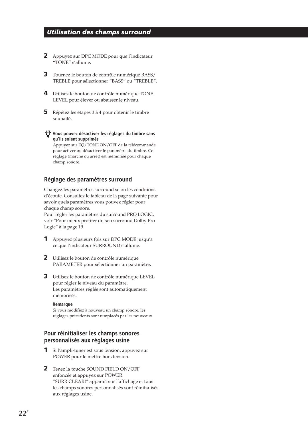 Sony STR-GA7ES, STR-GA8ES manual 22F, Réglage des paramètres surround 