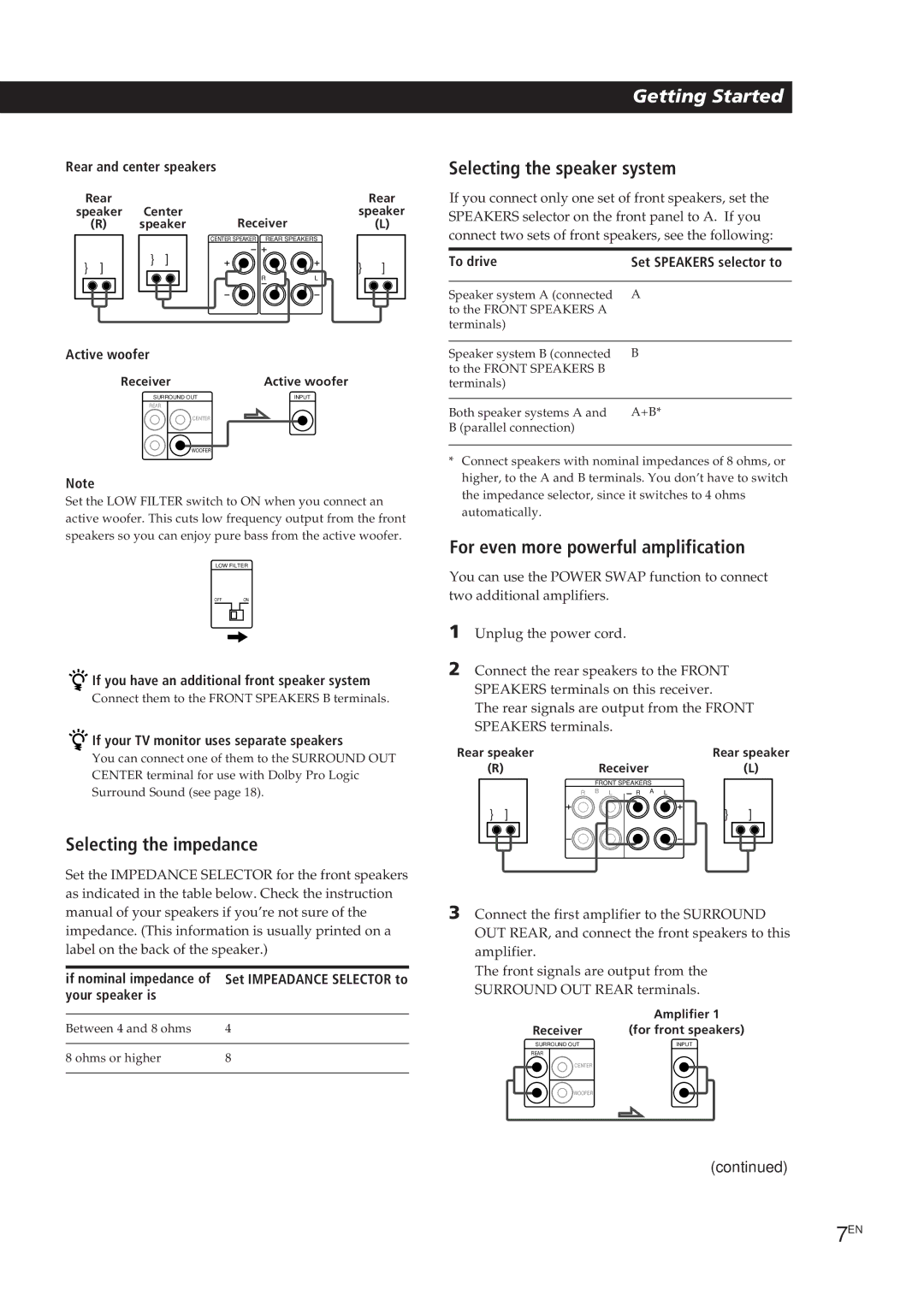 Sony STR-GA7ES, STR-GA8ES manual Selecting the impedance, Selecting the speaker system, For even more powerful amplification 