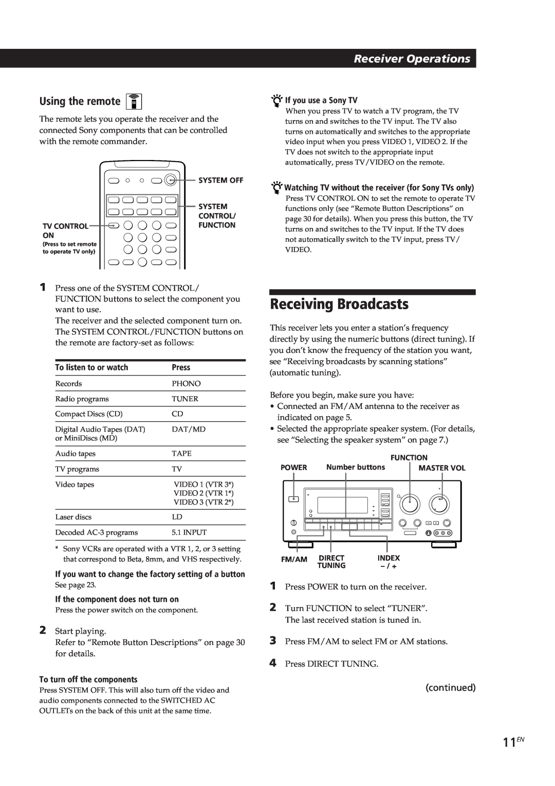 Sony STR-GA7ES manual Receiving Broadcasts, 11EN, Using the remote, If you use a Sony TV, Press, To turn off the components 