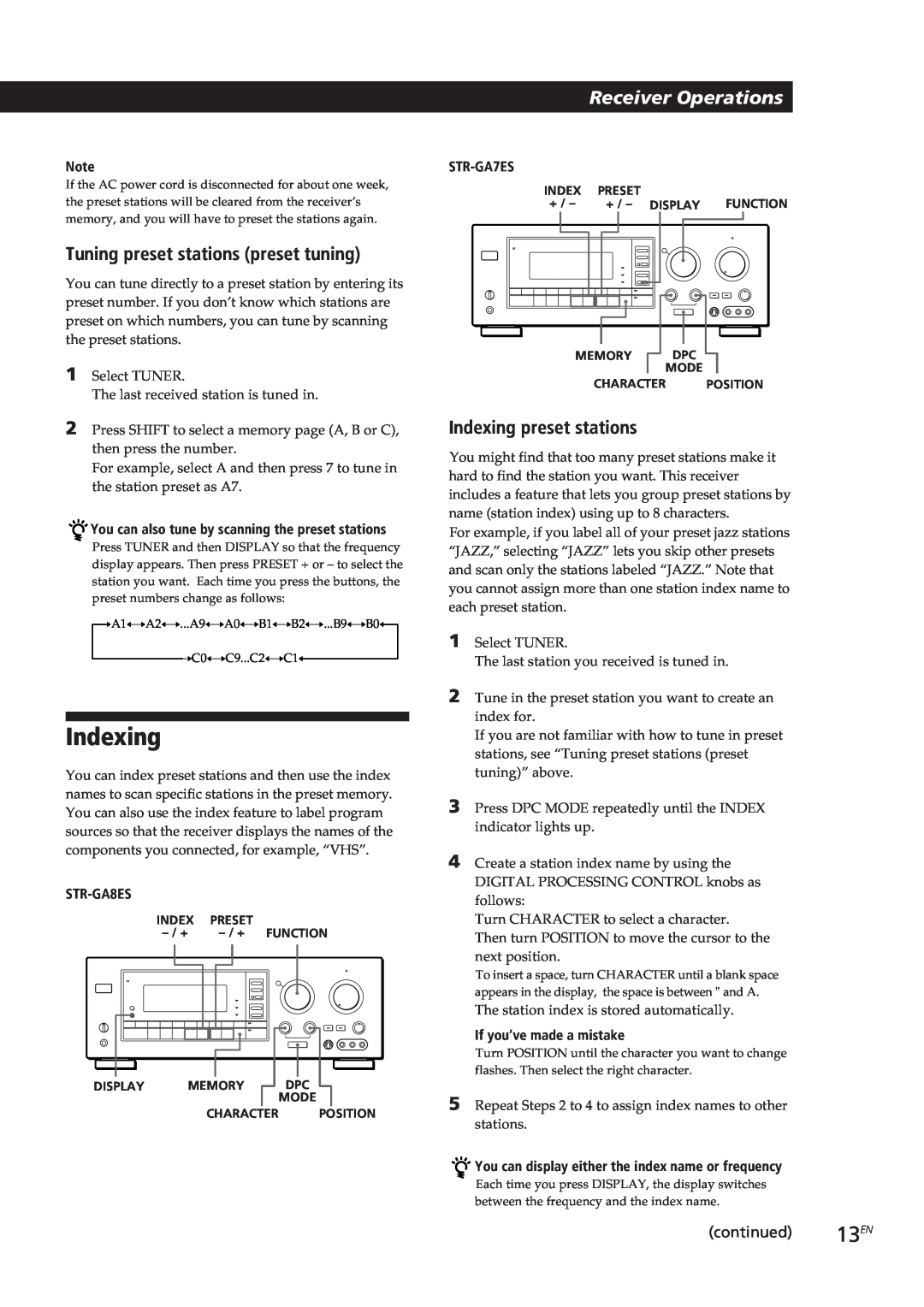 Sony STR-GA7ES manual Tuning preset stations preset tuning, Indexing preset stations, continued 13EN, STR-GA8ES 
