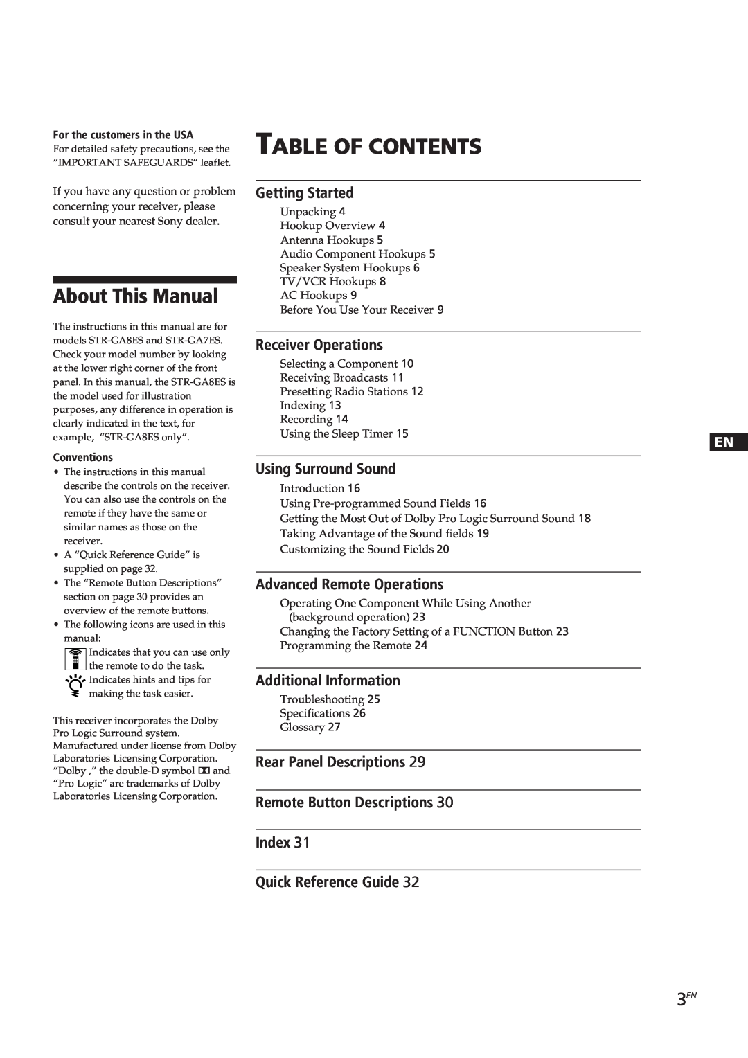 Sony STR-GA7ES, STR-GA8ES Table Of Contents, About This Manual, Getting Started, Receiver Operations, Using Surround Sound 