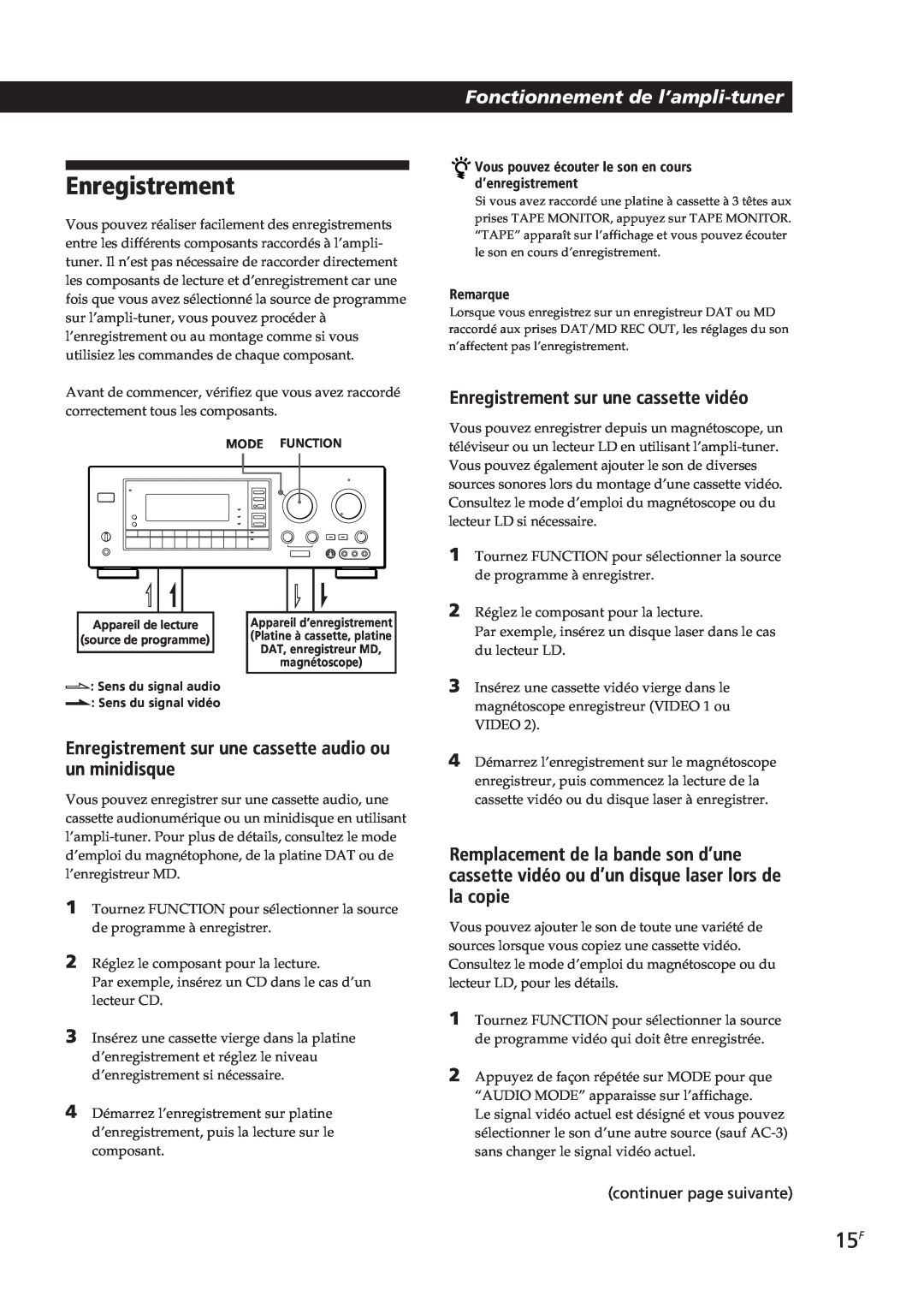 Sony STR-GA8ES manual Enregistrement sur une cassette vidéo, Fonctionnement de l’ampli-tuner, continuer page suivante 