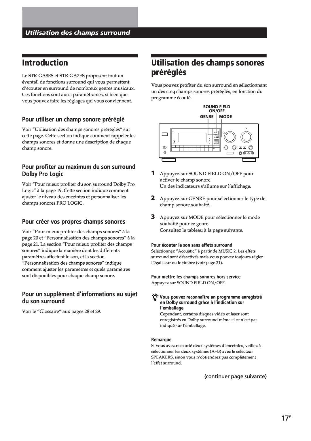 Sony STR-GA8ES manual Utilisation des champs sonores préréglés, Utilisation des champs surround, Introduction, Remarque 