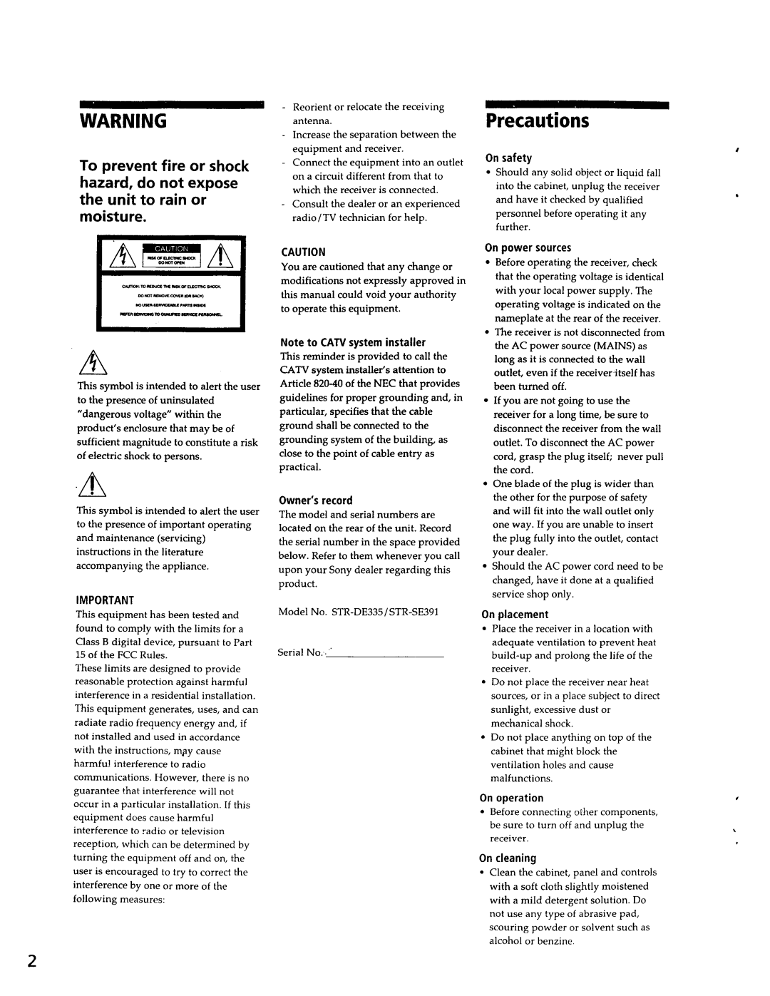 Sony STR-SE391, STR-DE335 manual 