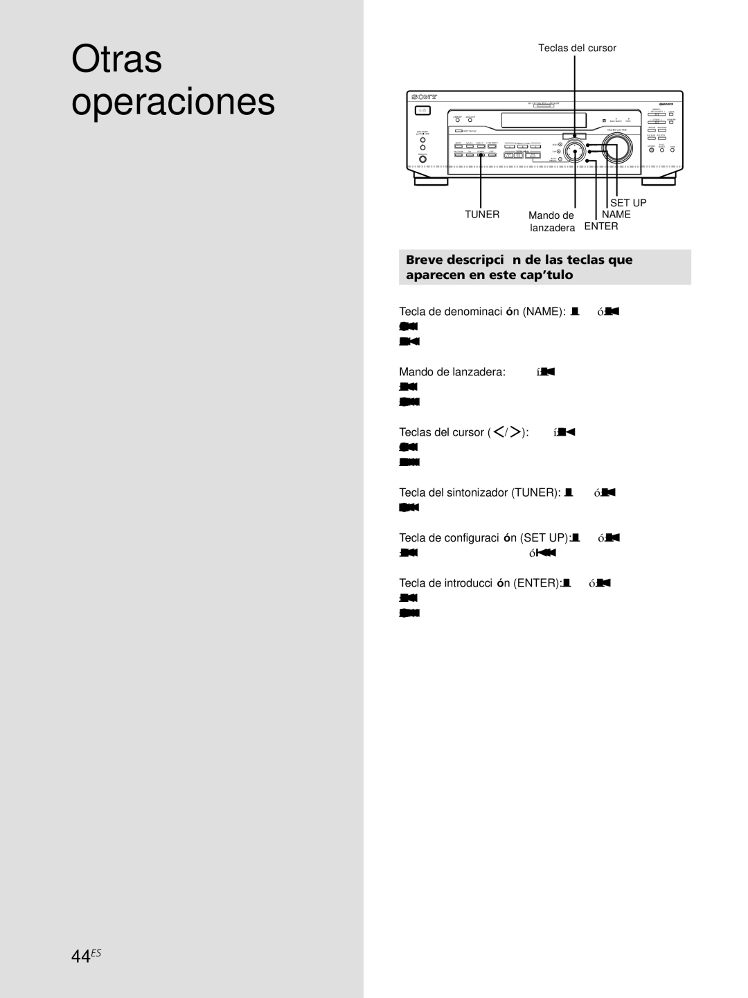 Sony STR-DE545, STR-SE501, STR-DE445 manual 44ES, Tuner Mando de Name lanzadera Enter 