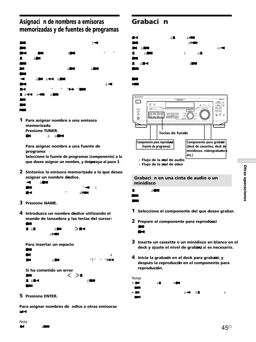 Sony STR-DE445, STR-SE501, STR-DE545 manual 45ES, Grabación en una cinta de audio o un Minidisco, Otras operaciones 