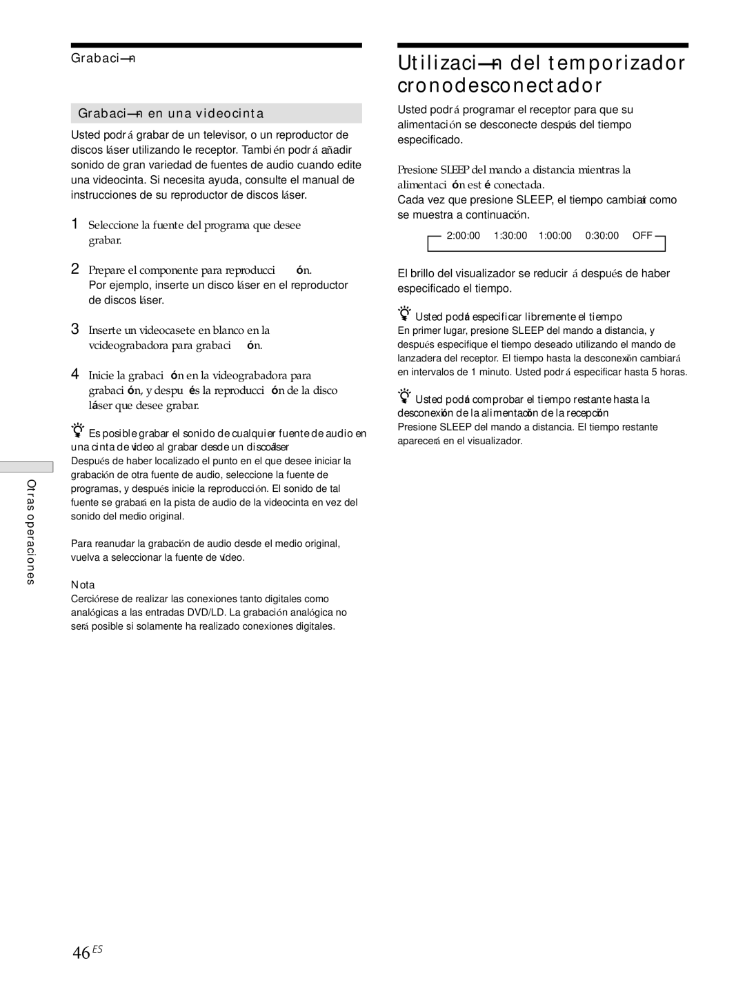 Sony STR-SE501, STR-DE545 Utilización del temporizador cronodesconectador, 46ES, Grabación Grabación en una videocinta 