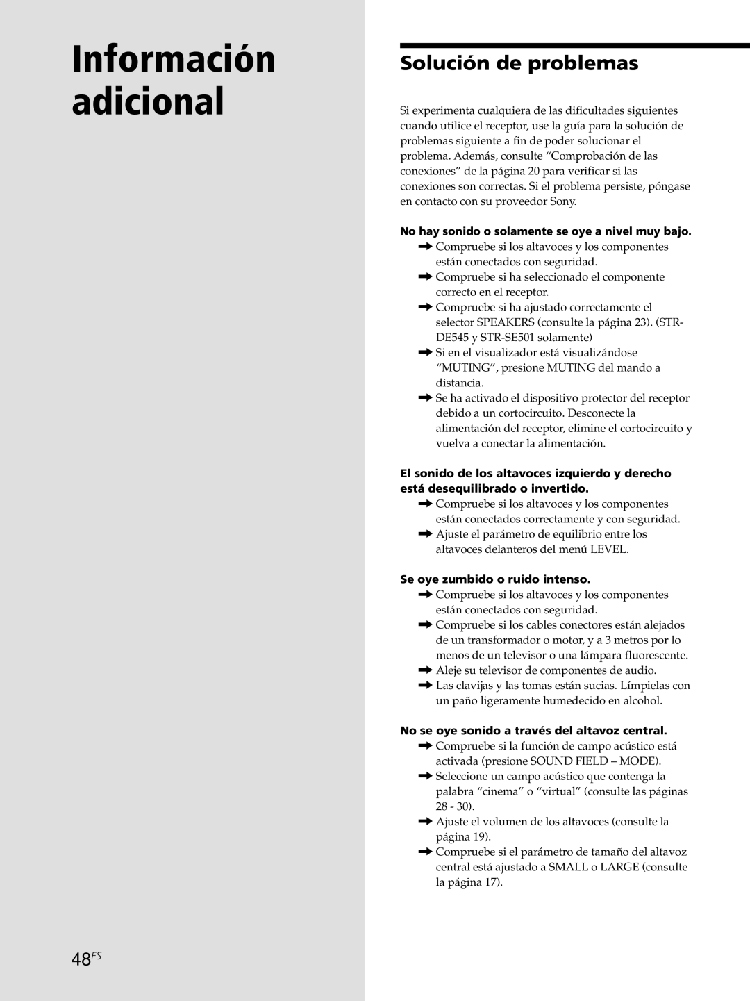 Sony STR-DE445, STR-SE501, STR-DE545 manual Solución de problemas, 48ES, No hay sonido o solamente se oye a nivel muy bajo 