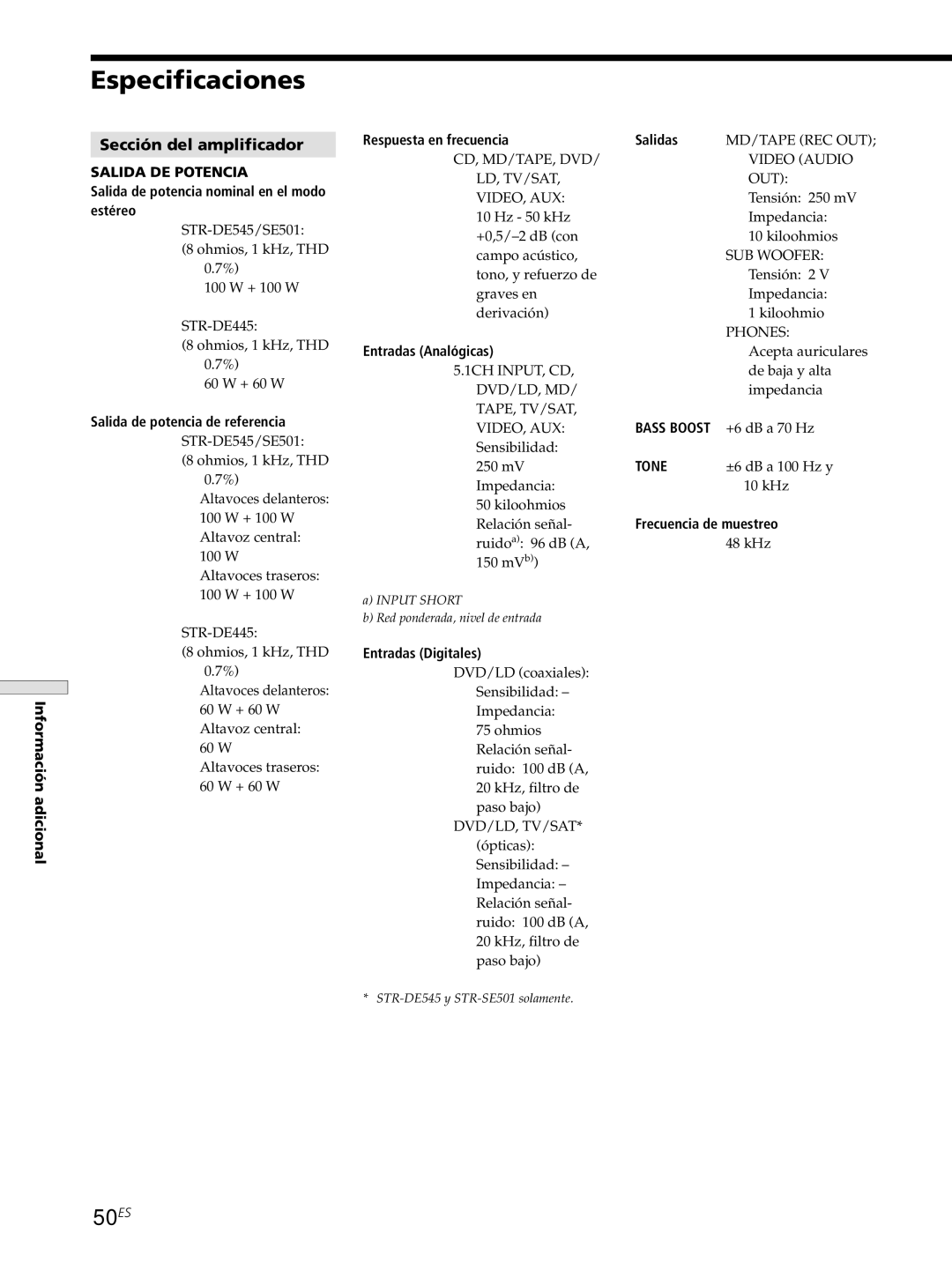 Sony STR-DE545, STR-SE501, STR-DE445 manual Especificaciones, 50ES, Sección del amplificador 