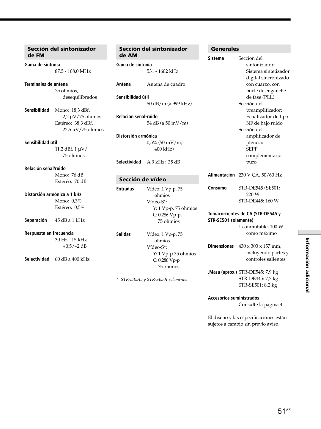 Sony STR-DE445 manual 51ES, Sección del sintonizador De FM, Sección del sintonizador De AM, Sección de vídeo, Generales 